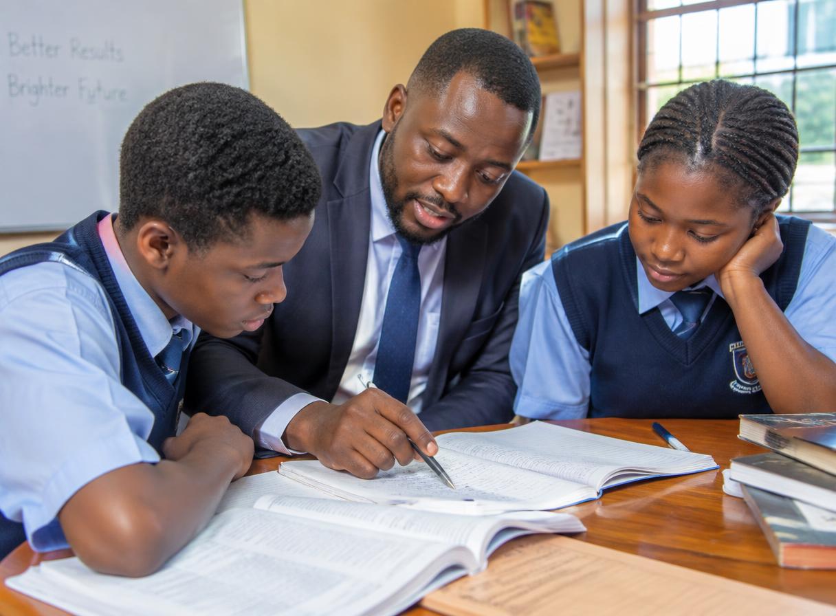 A tutor guiding two students at Victoria Academy Consult